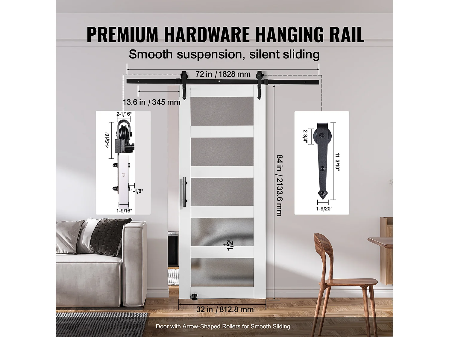 Kit de Porte de Grange Coulissante SucceBuy, 81 x 213 cm, Porte Coulissante en Bois et Verre, Épicéa, Guide au sol 8 en 1, Fonctionnement Fluide et Silencieux