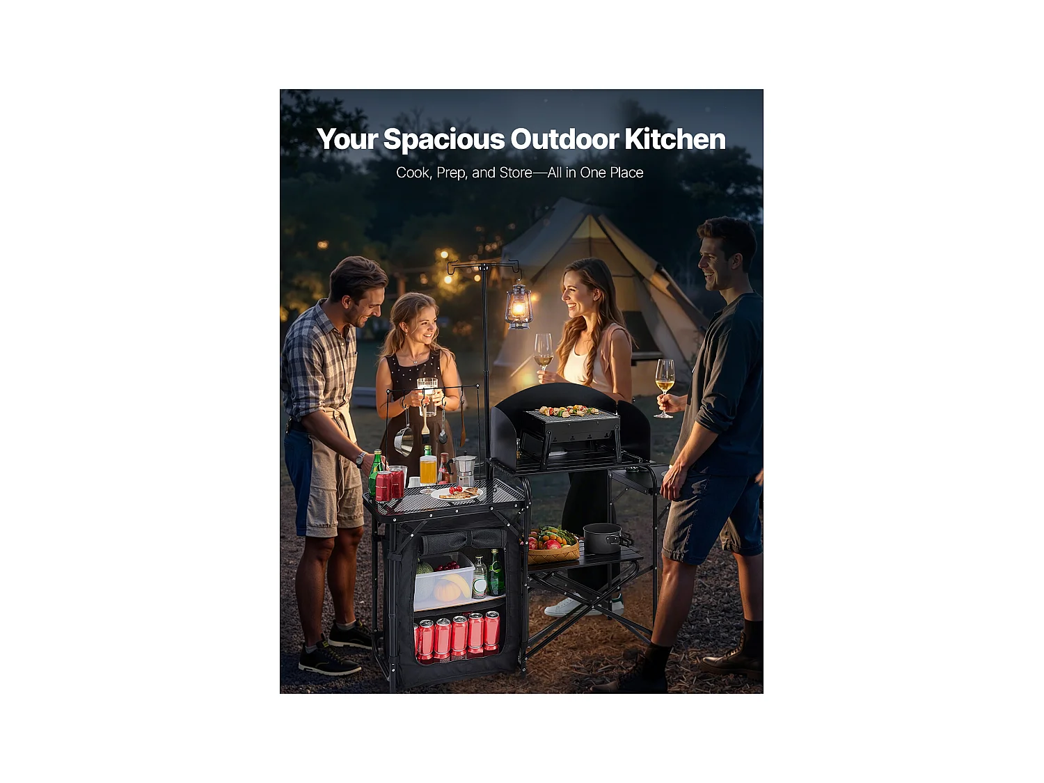 SucceBuy Table de Camping Portable en Aluminium avec Espace de Rangement, Cuisine de Camping, Noir