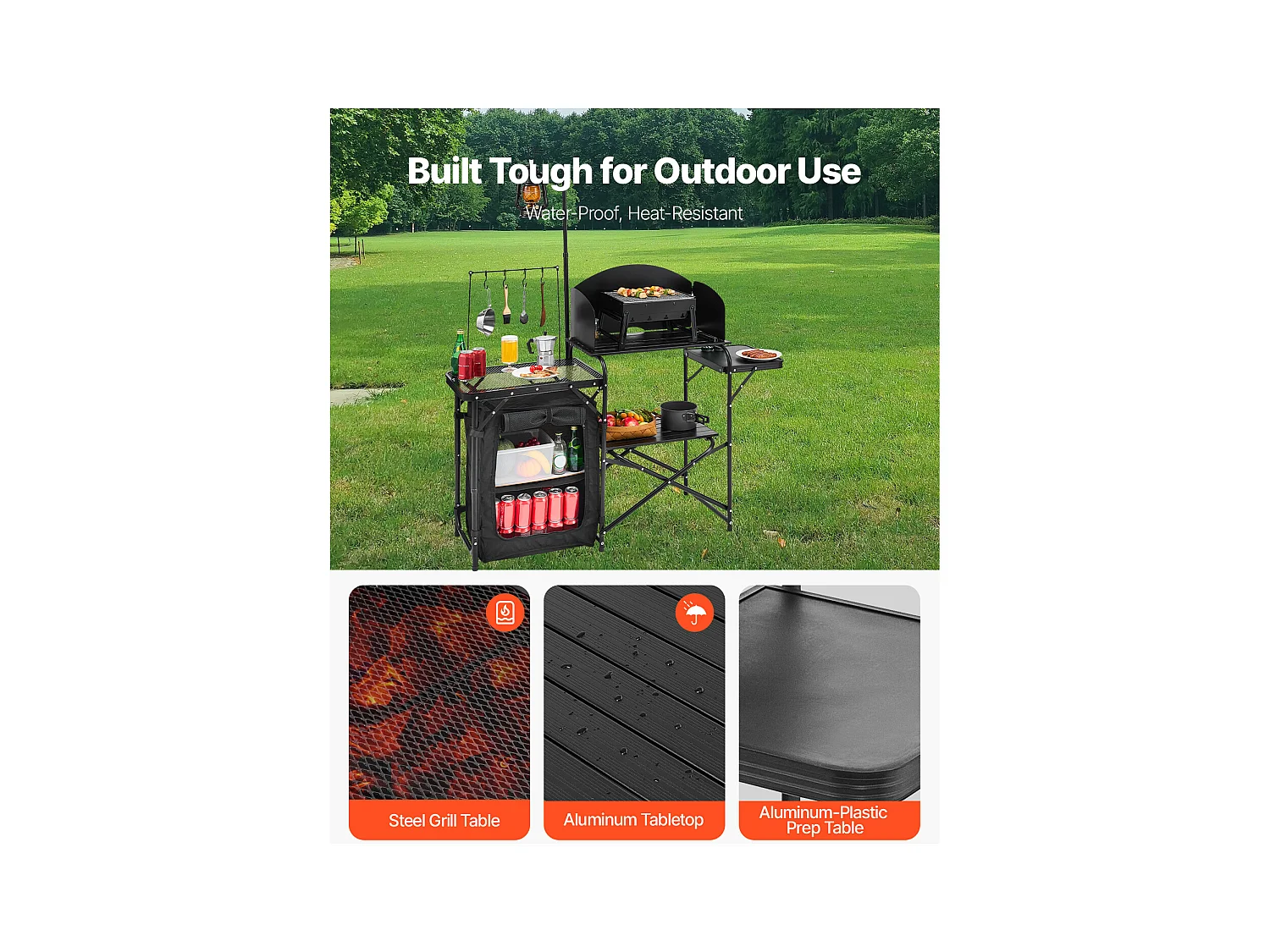 SucceBuy Table de Camping Portable en Aluminium avec Espace de Rangement, Cuisine de Camping, Noir