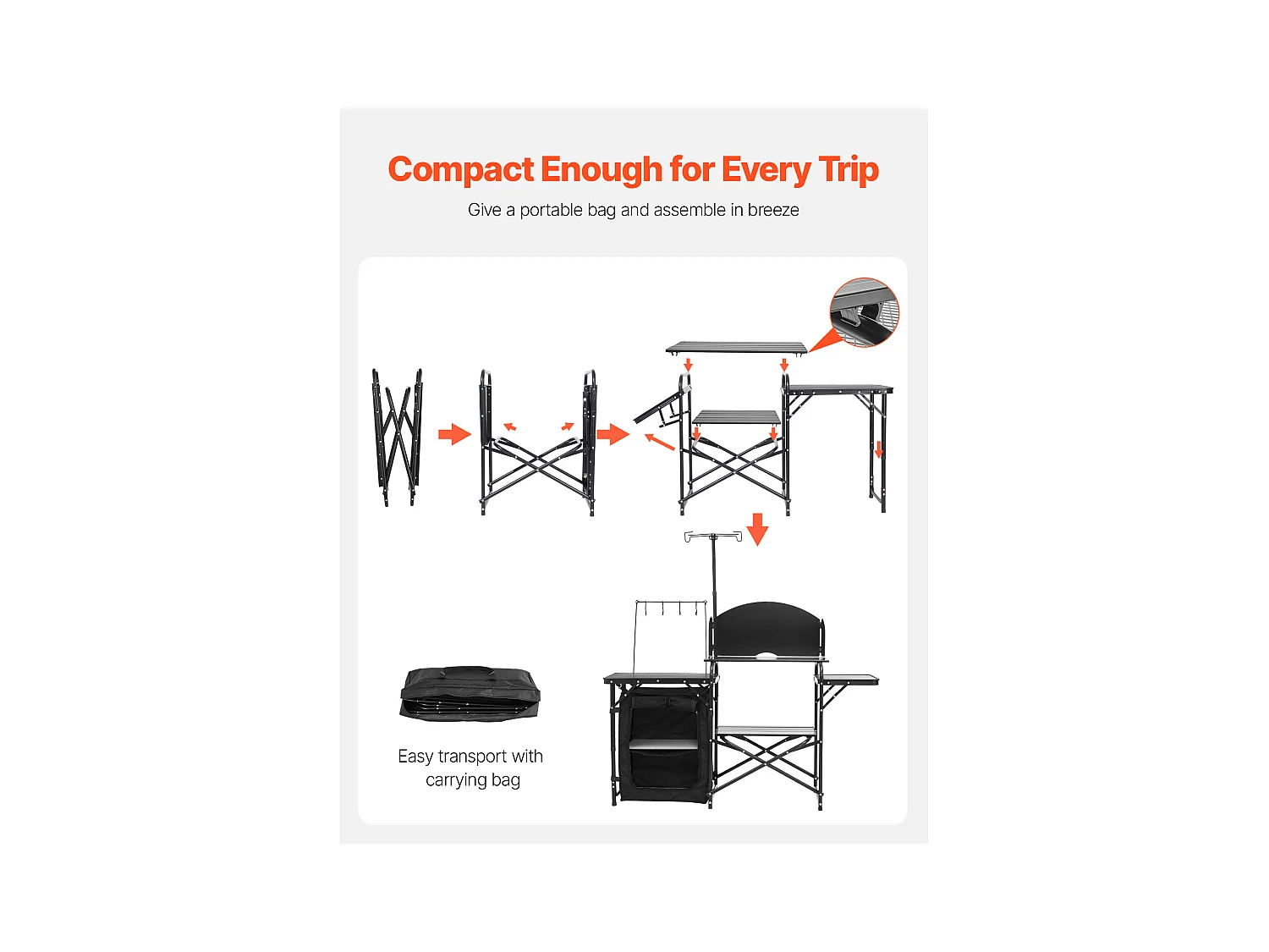 SucceBuy Table de Camping Portable en Aluminium avec Espace de Rangement, Cuisine de Camping, Noir
