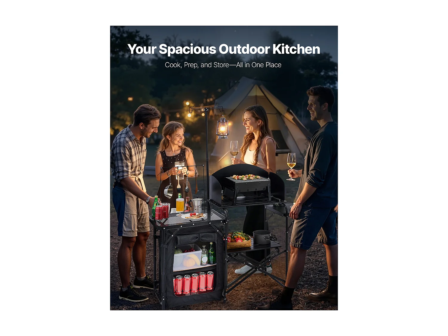 SucceBuy Table de Camping Portable en Aluminium avec Espace de Rangement, Cuisine de Camping, Noir