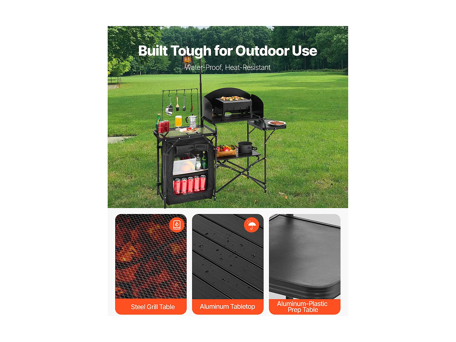 SucceBuy Table de Camping Portable en Aluminium avec Espace de Rangement, Cuisine de Camping, Noir