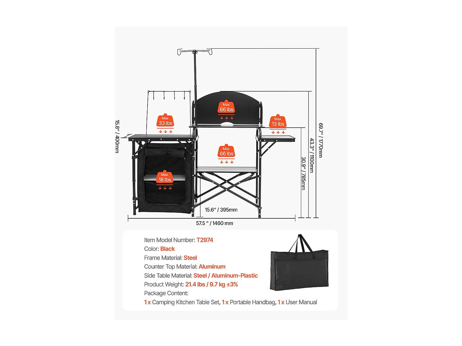 SucceBuy Table de Camping Portable en Aluminium avec Espace de Rangement, Cuisine de Camping, Noir