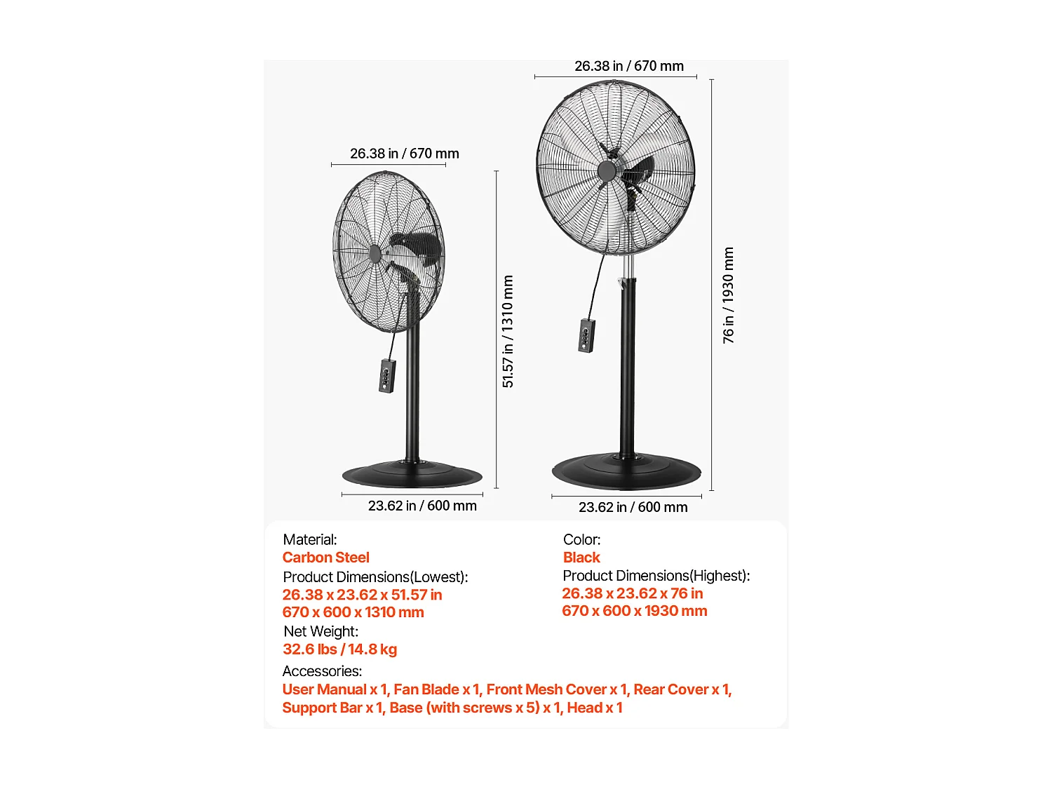 Ventilateur SucceBuy sur Piédestal Industriel 61CM SucceBuy-Oscillant à 3 Vitesses, Réglable en Hauteur