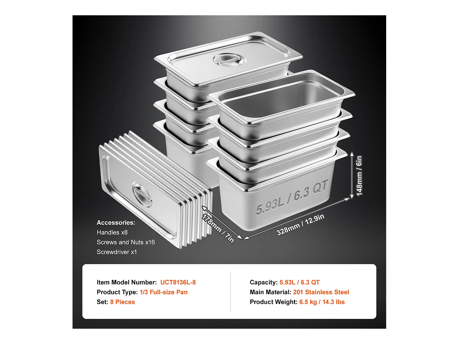 Casseroles D'Hôtel SucceBuy, Lot de 8, Profonde 15 cm, en Acier Inoxydable avec Couvercle