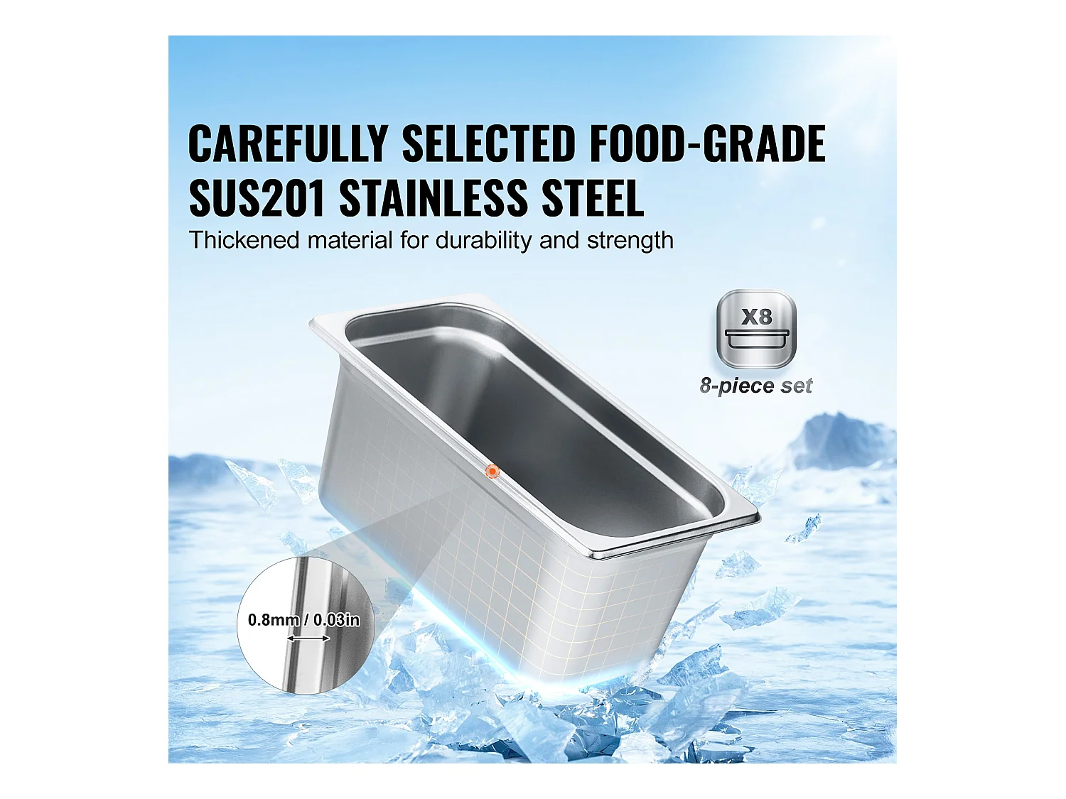 Casseroles D'Hôtel SucceBuy, Lot de 8, Profonde 15 cm, en Acier Inoxydable avec Couvercle