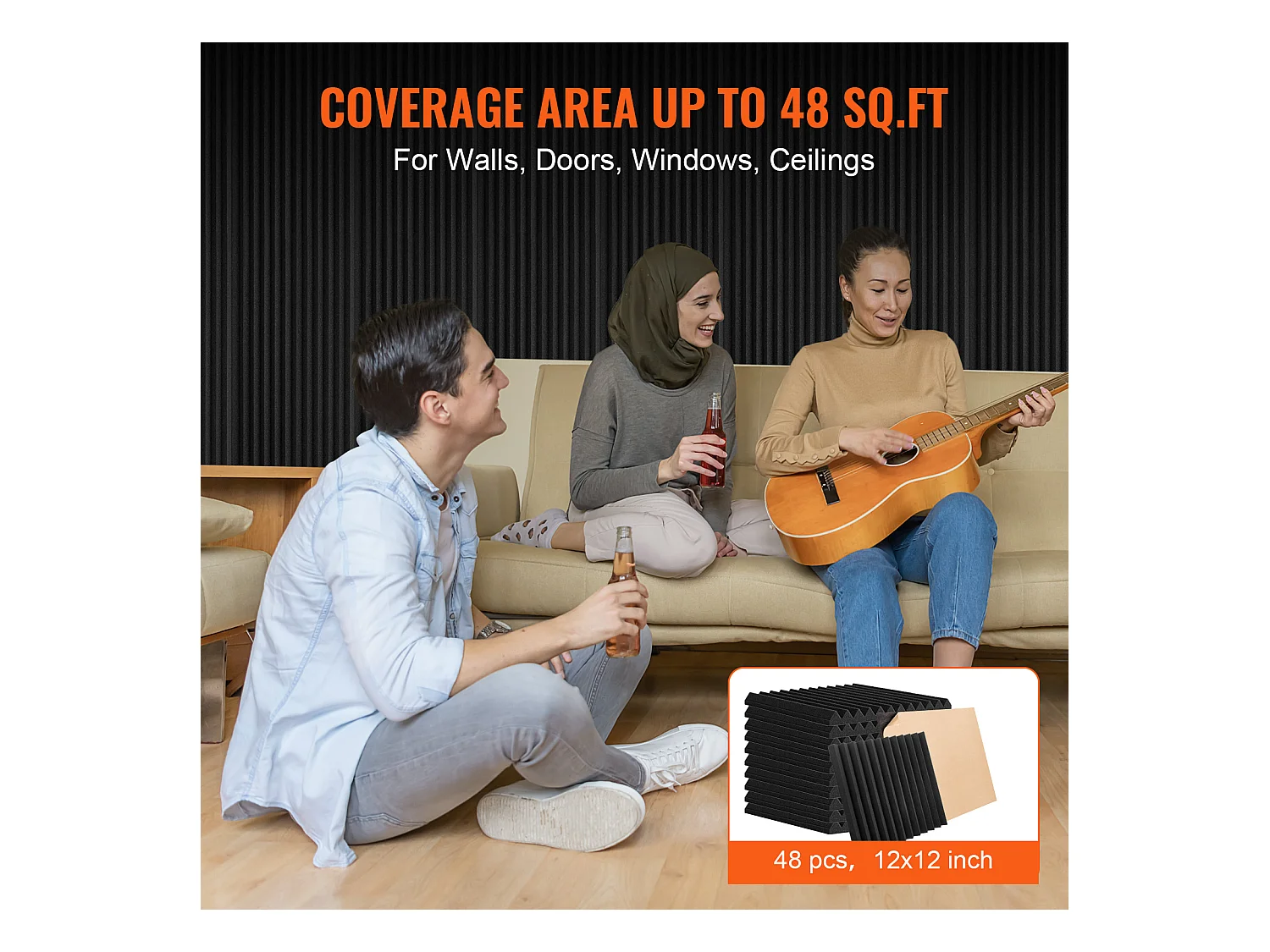 Panneaux en Mousse Acoustique SucceBuy Panneaux en Mousse Acoustique, Lot de 48, 30.48 x 30.48 x 2.54 cm, Adhésif pour Mur et Plafond