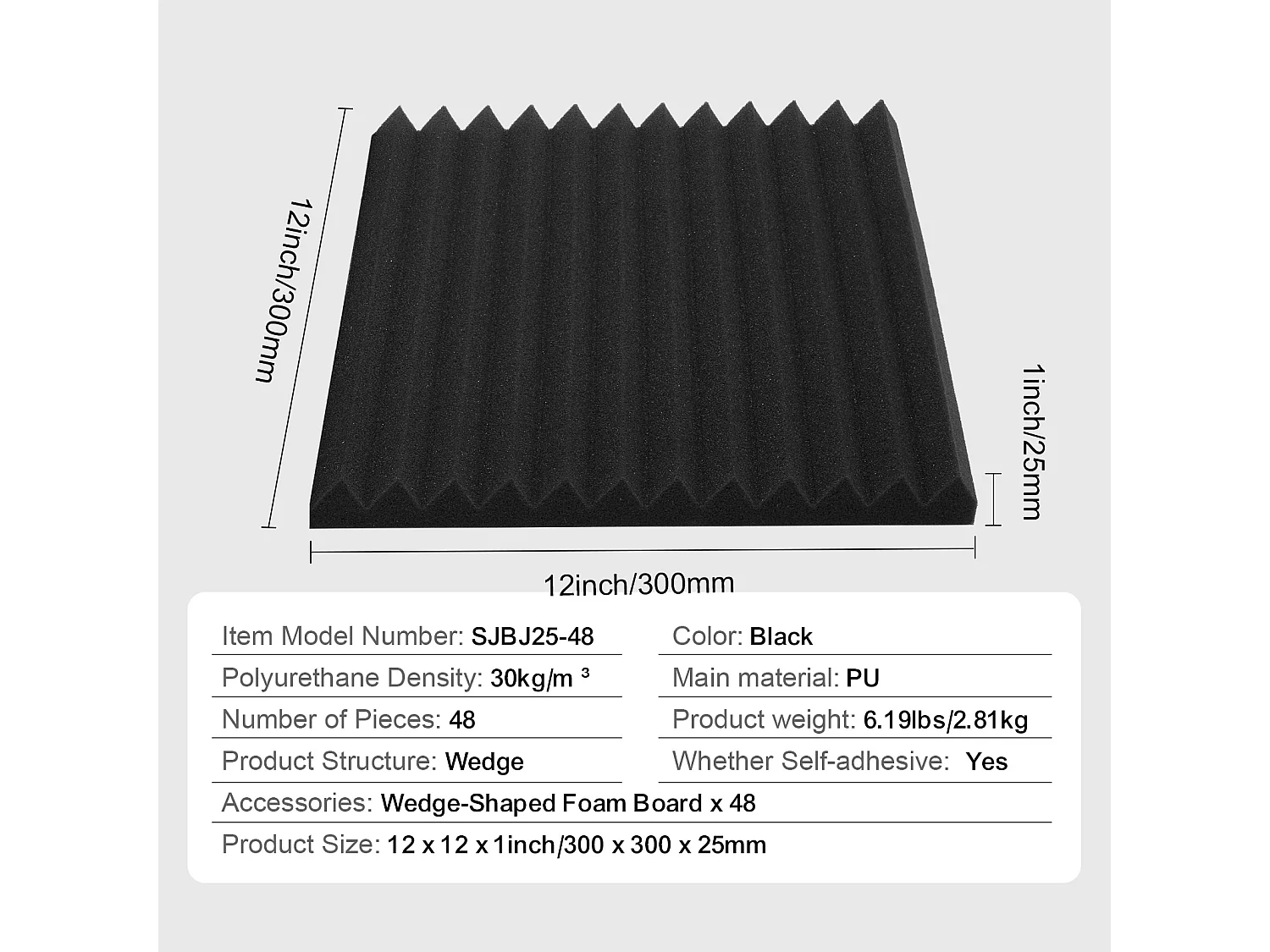 Panneaux en Mousse Acoustique SucceBuy Panneaux en Mousse Acoustique, Lot de 48, 30.48 x 30.48 x 2.54 cm, Adhésif pour Mur et Plafond