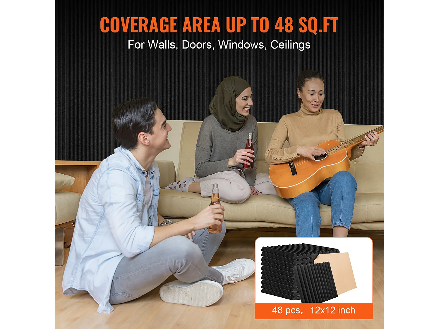 Panneaux en Mousse Acoustique SucceBuy Panneaux en Mousse Acoustique, Lot de 48, 30.48 x 30.48 x 2.54 cm, Adhésif pour Mur et Plafond