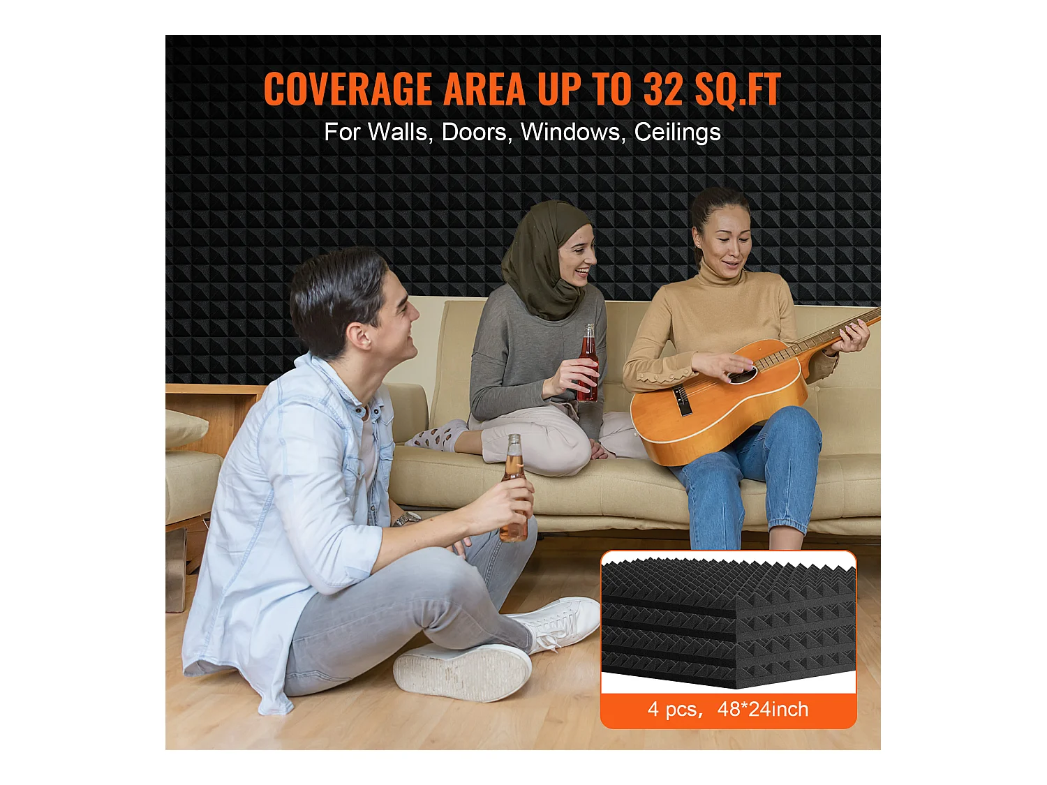 Panneaux en Mousse Acoustique SucceBuy Panneaux en Mousse Acoustique, Lot de 4, 121.92 x 60.96 x 5.08 cm pour Mur et Plafond de Studio