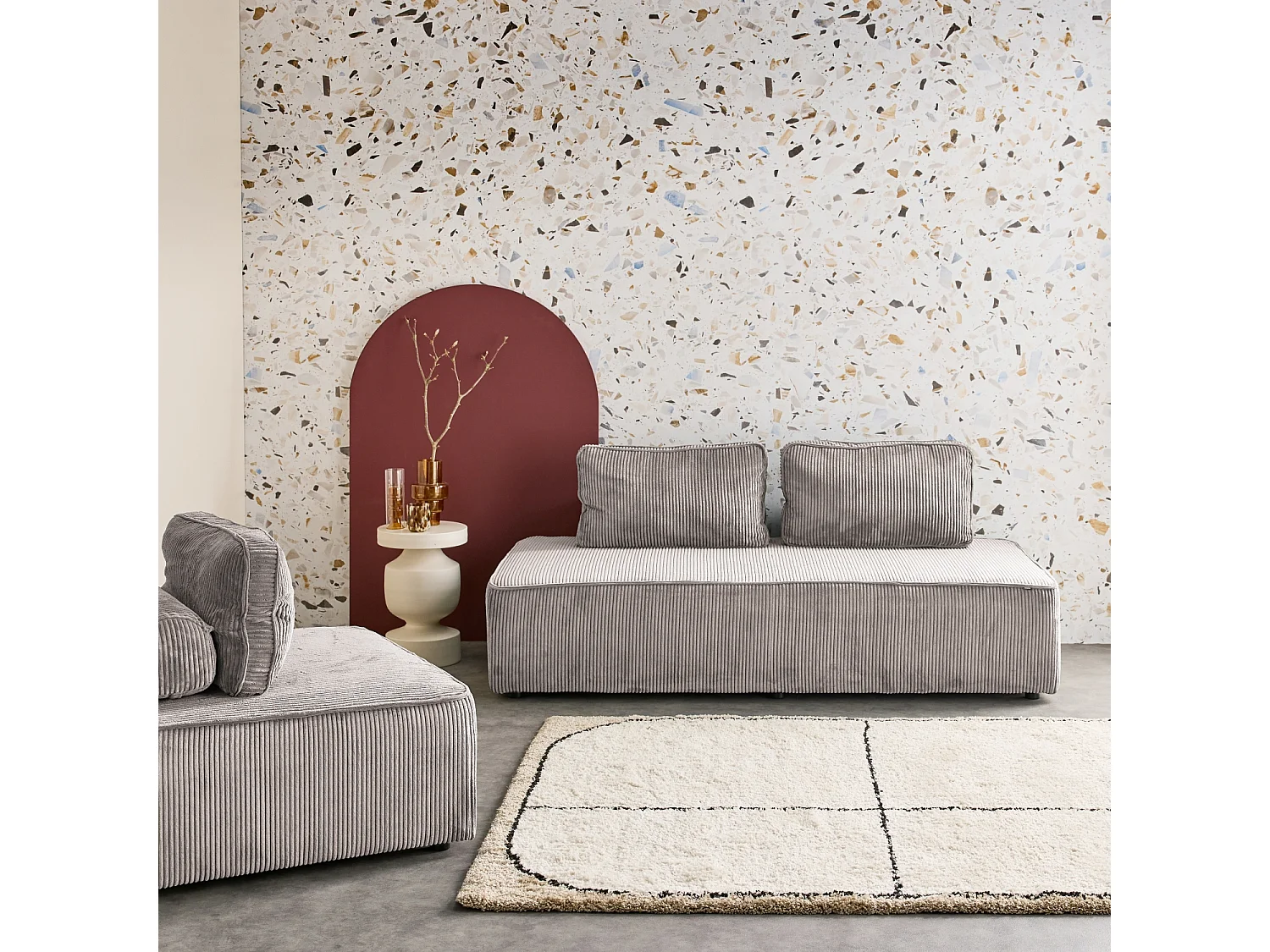 Sofá modular de pana, 3 plazas gris claro