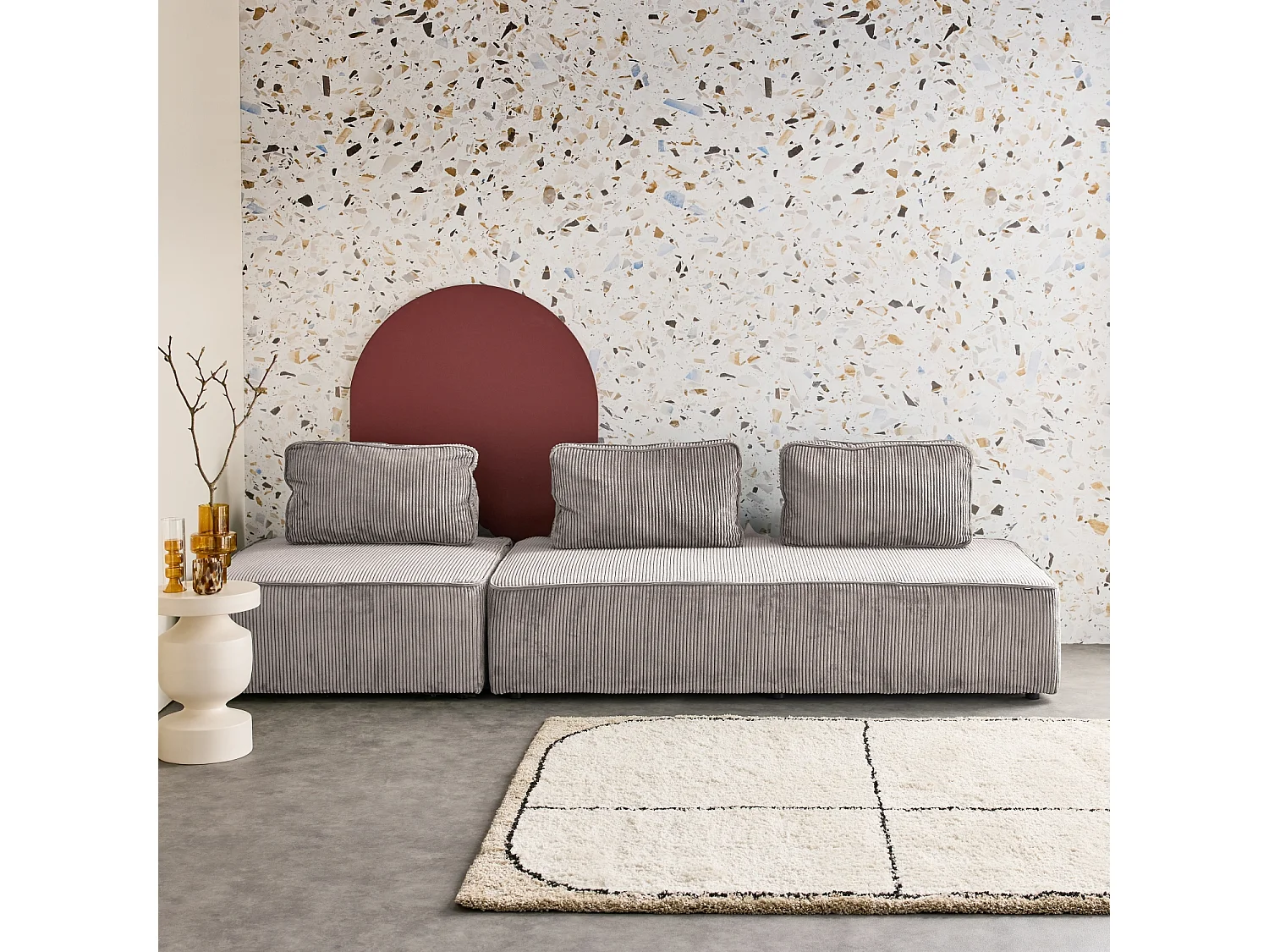 Sofá modular de pana, 3 plazas gris claro