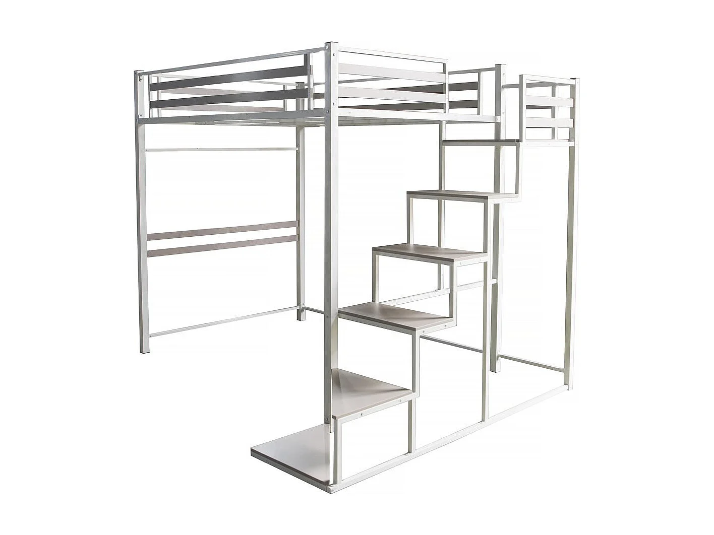 Cama alta em metal com escada "LENA" - 140 x 200 cm - Branco