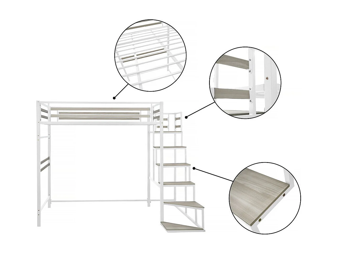 Cama alta em metal com escada "LENA" - 140 x 200 cm - Branco