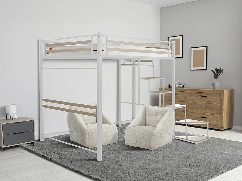 Cama alta em metal com escada "LENA" - 140 x 200 cm - Branco