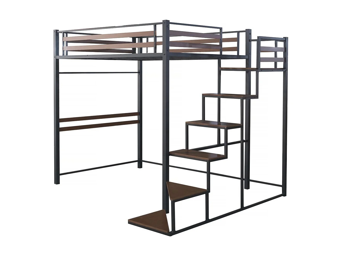 Cama alta em metal com escada "LENA" - 140 x 200 cm - Preto e castanho nogueira