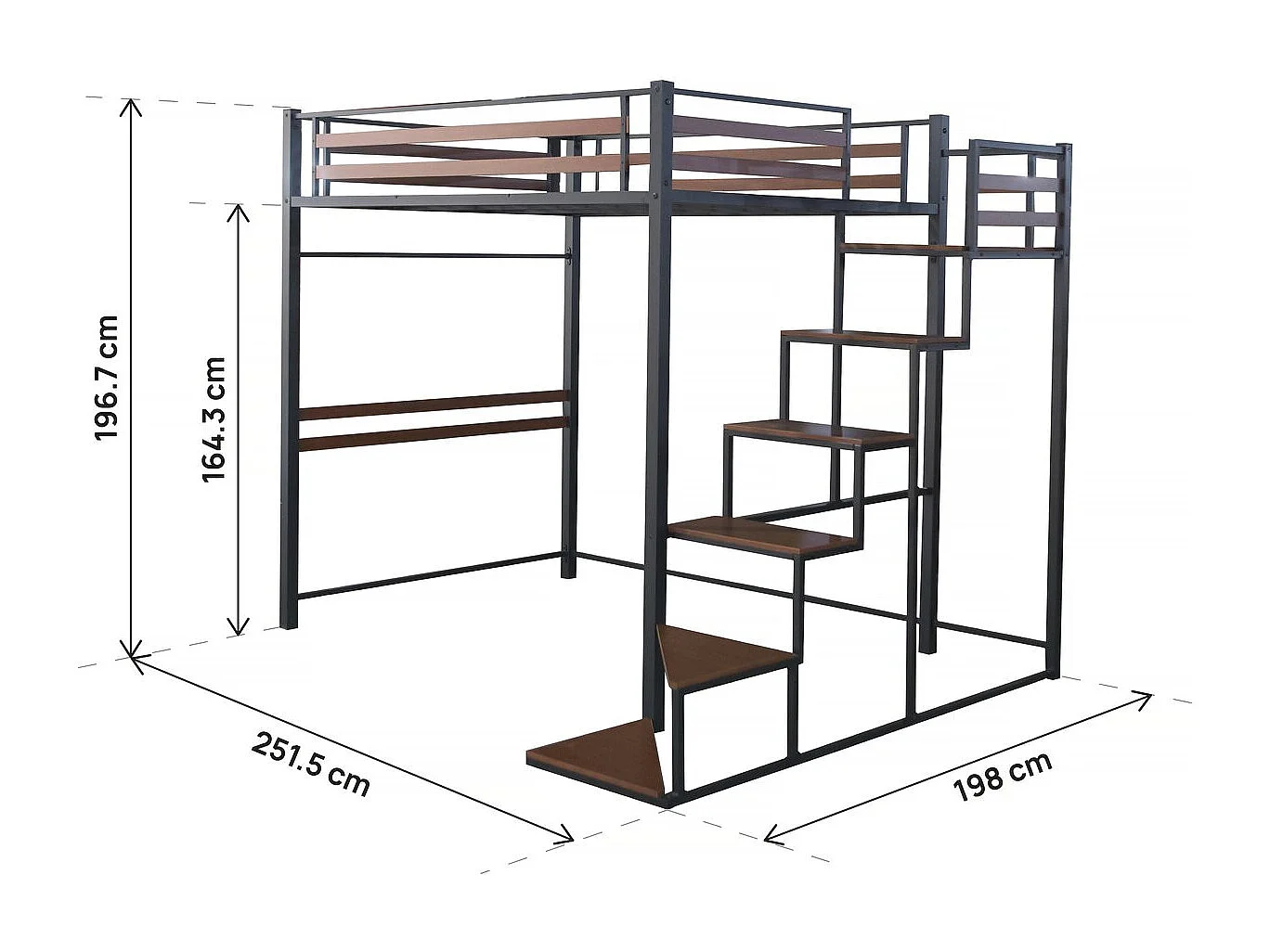 Cama alta em metal com escada "LENA" - 140 x 200 cm - Preto e castanho nogueira