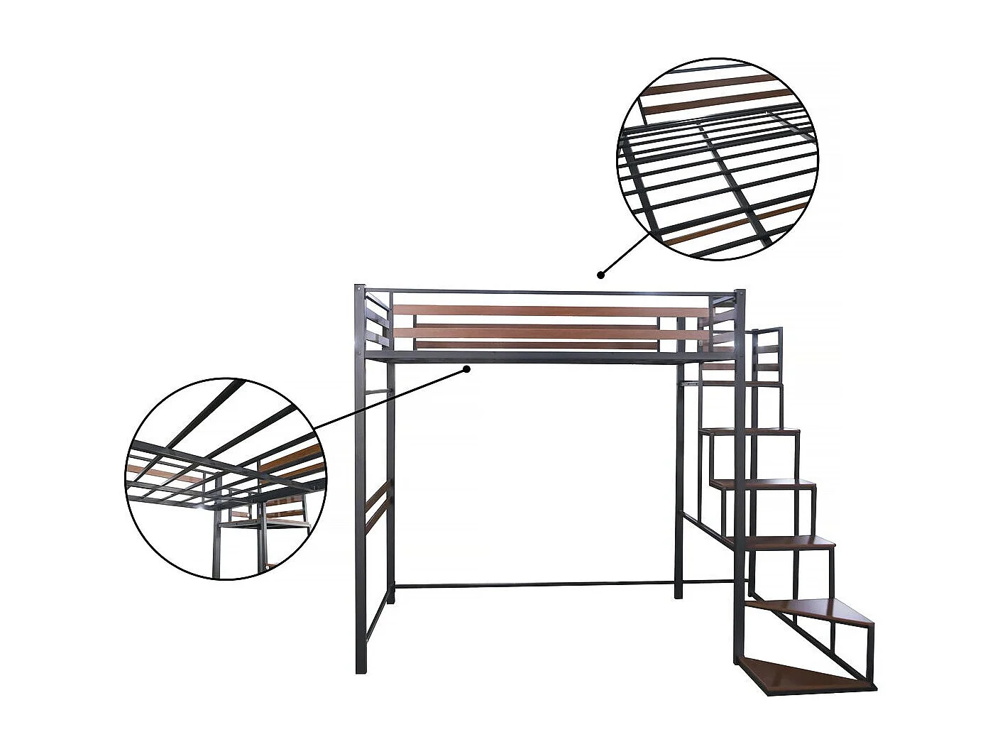 Cama alta em metal com escada "LENA" - 140 x 200 cm - Preto e castanho nogueira