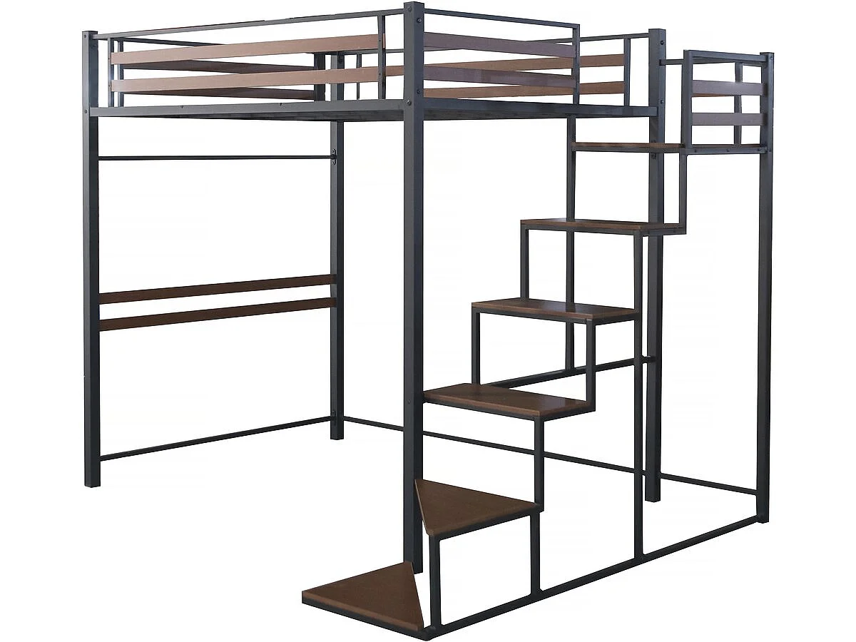 Metalen hoogslaper met trap "LENA" - 140 x 200 cm - Zwart en walnootbruin