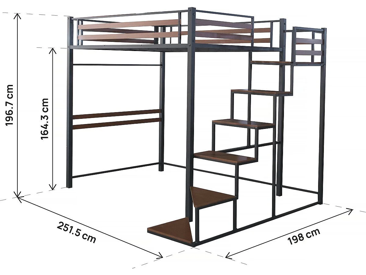 Metalen hoogslaper met trap "LENA" - 140 x 200 cm - Zwart en walnootbruin