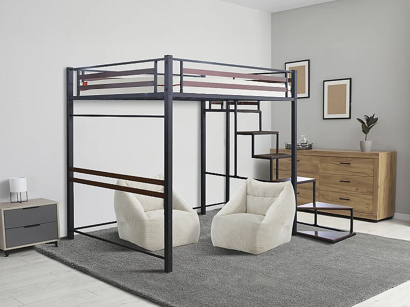 Cama alta em metal com escada "LENA" - 140 x 200 cm - Preto e castanho nogueira