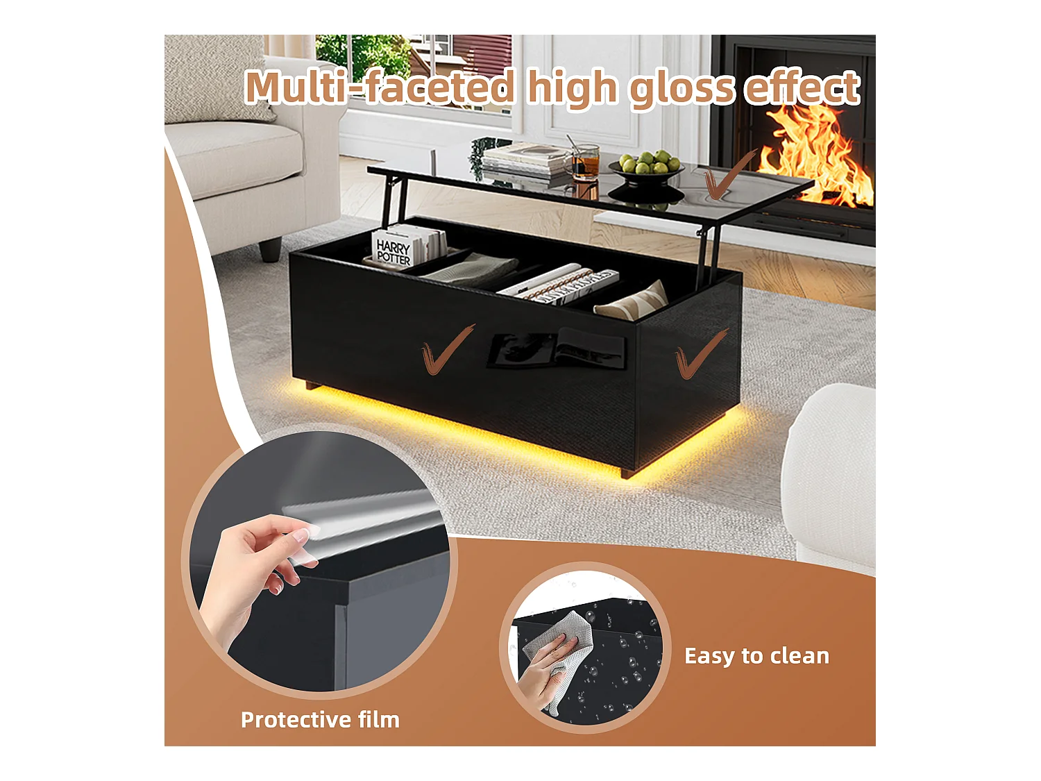 URBAN MEUBLE Table basse relevable noire brillante avec éclairage LED 100*50*35 cm