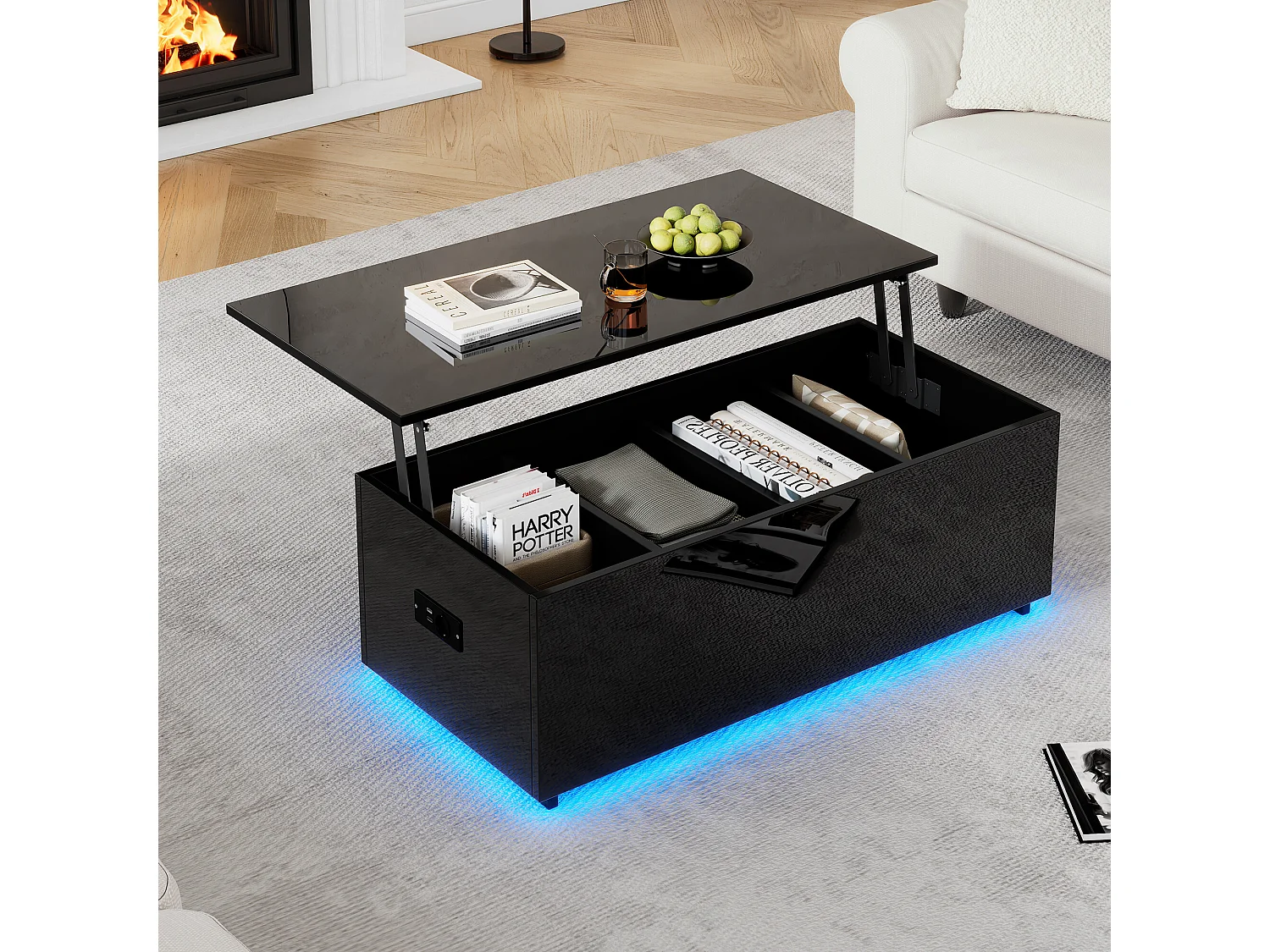 URBAN MEUBLE Table basse relevable noire brillante avec éclairage LED 100*50*35 cm