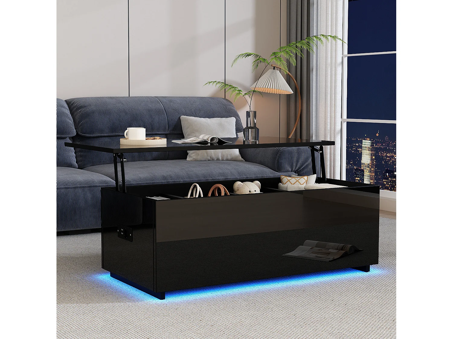 URBAN MEUBLE Table basse relevable noire brillante avec éclairage LED 100*50*35 cm