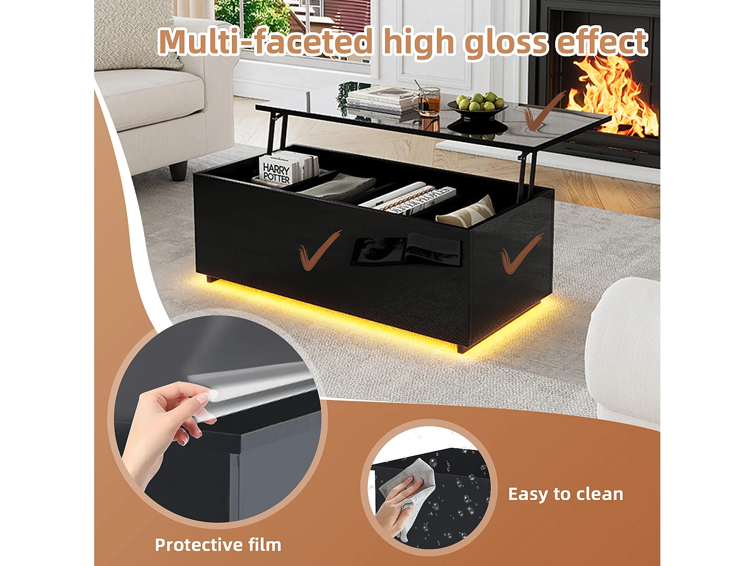 URBAN MEUBLE Table basse relevable noire brillante avec éclairage LED 100*50*35 cm