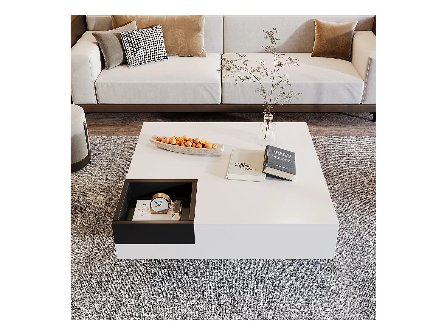 URBAN MEUBLE Table basse carrée blanc brillant noir bicolore éclairage LED avec boîte de rangement amovible