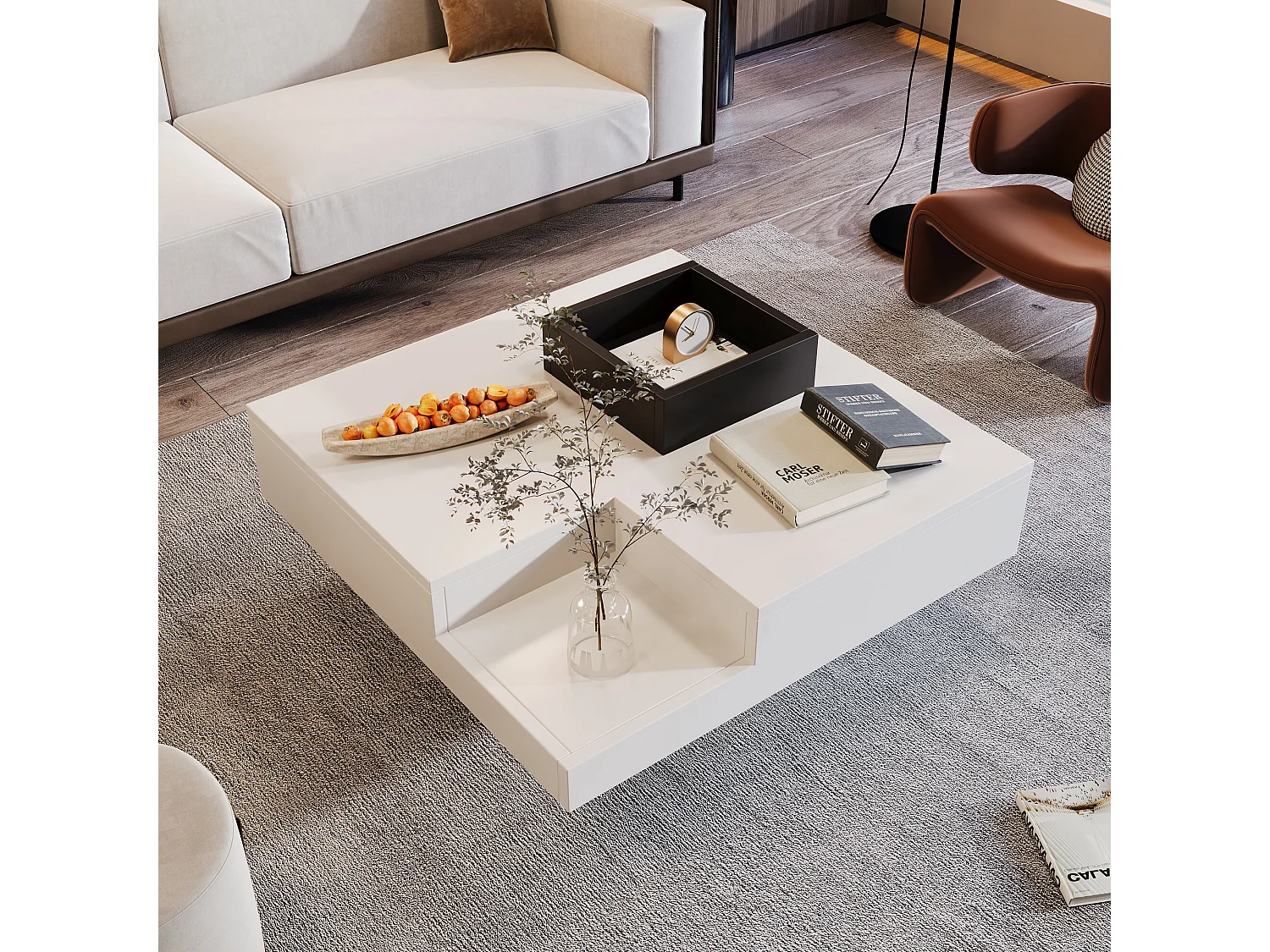 URBAN MEUBLE Table basse carrée blanc brillant noir bicolore éclairage LED avec boîte de rangement amovible