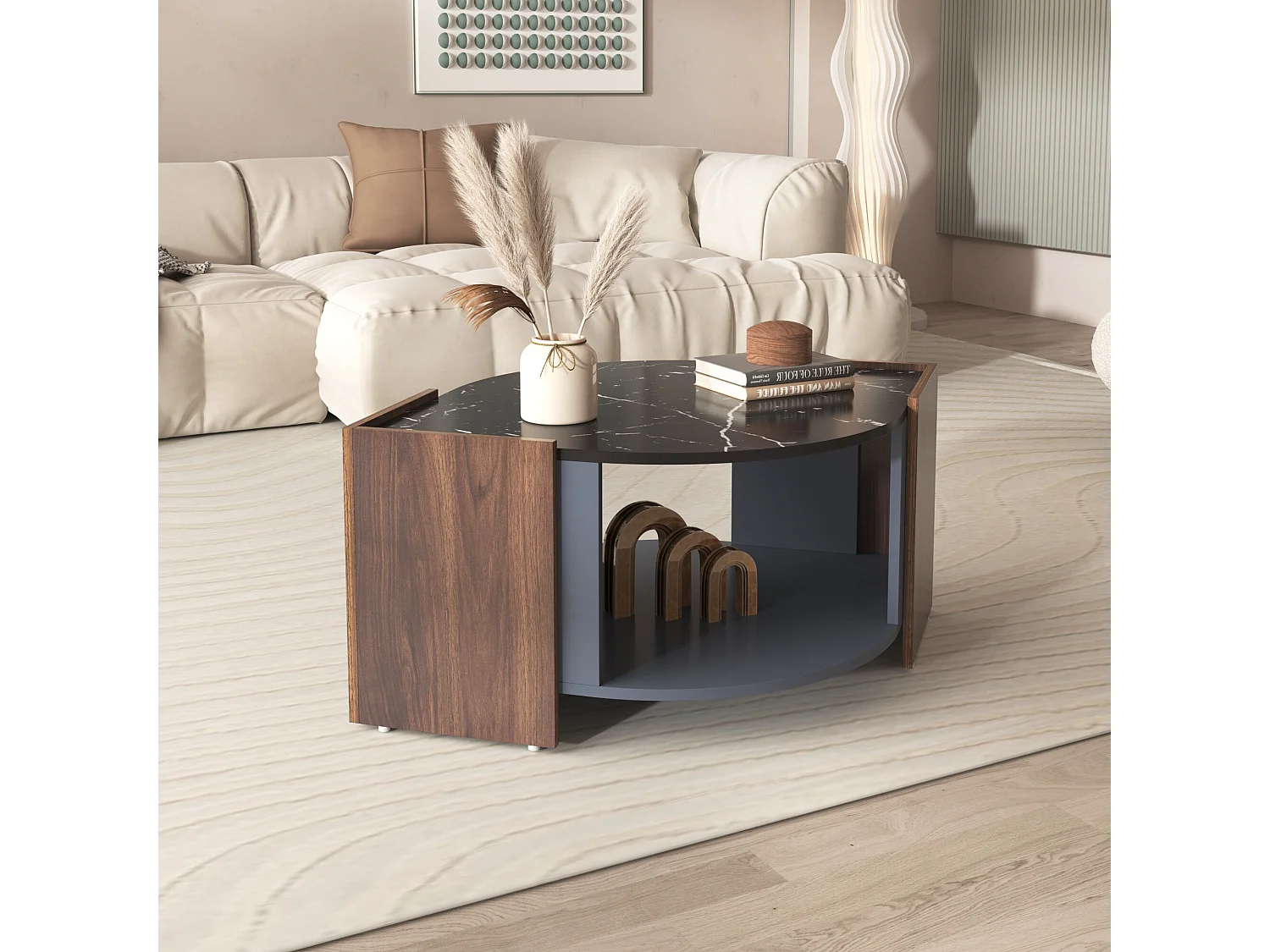 URBAN MEUBLE Table basse texturée effet marbre noir et noyer aux couleurs contrastées