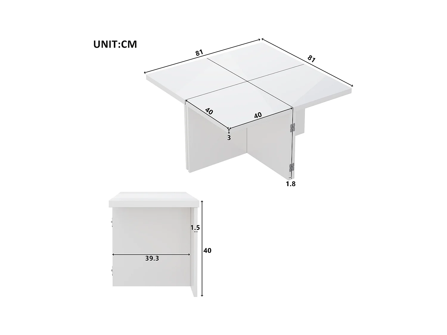 URBAN MEUBLE Table basse carrée blanche brillante, plateau de table combinaison libre