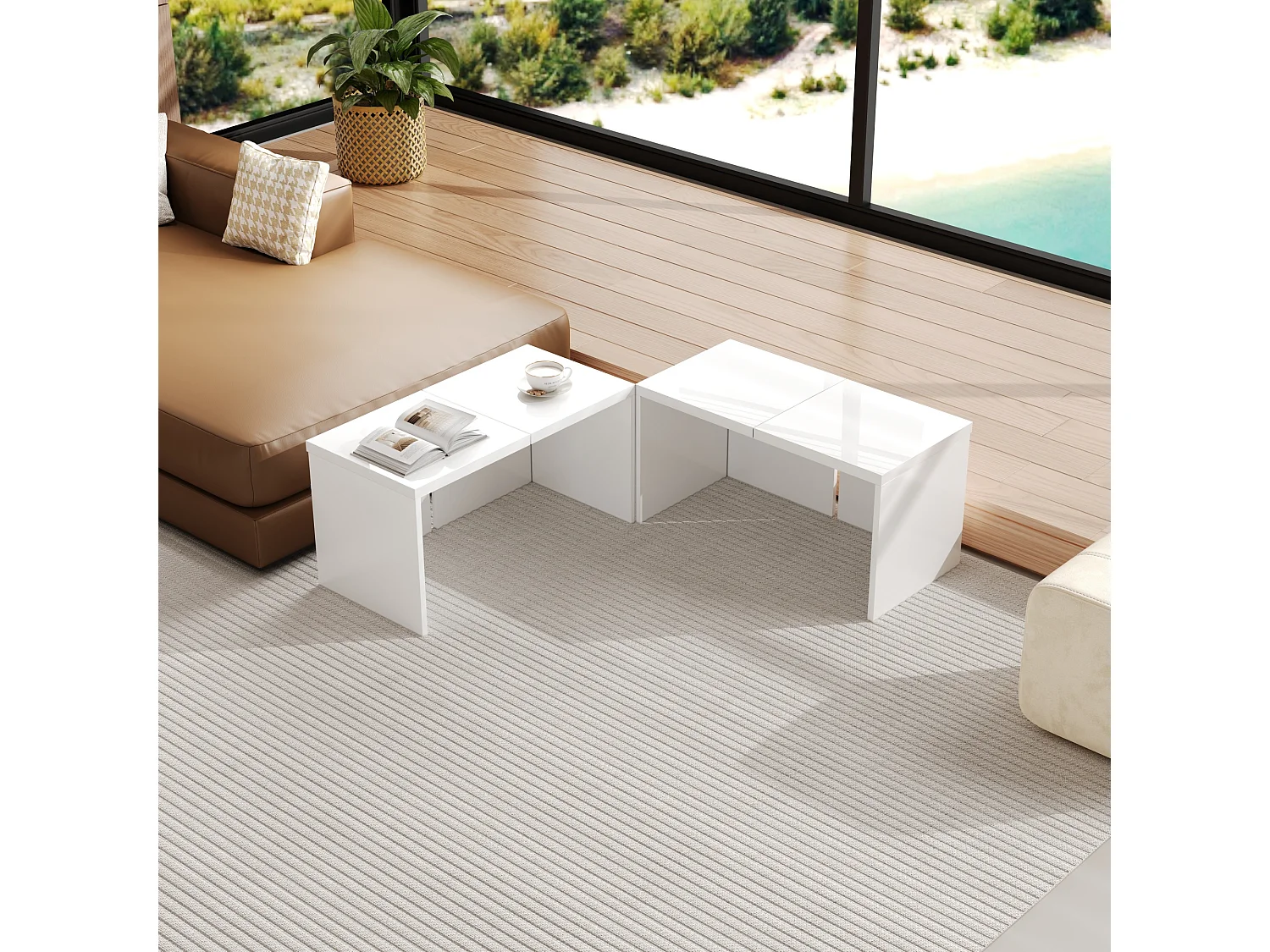 URBAN MEUBLE Table basse carrée blanche brillante, plateau de table combinaison libre