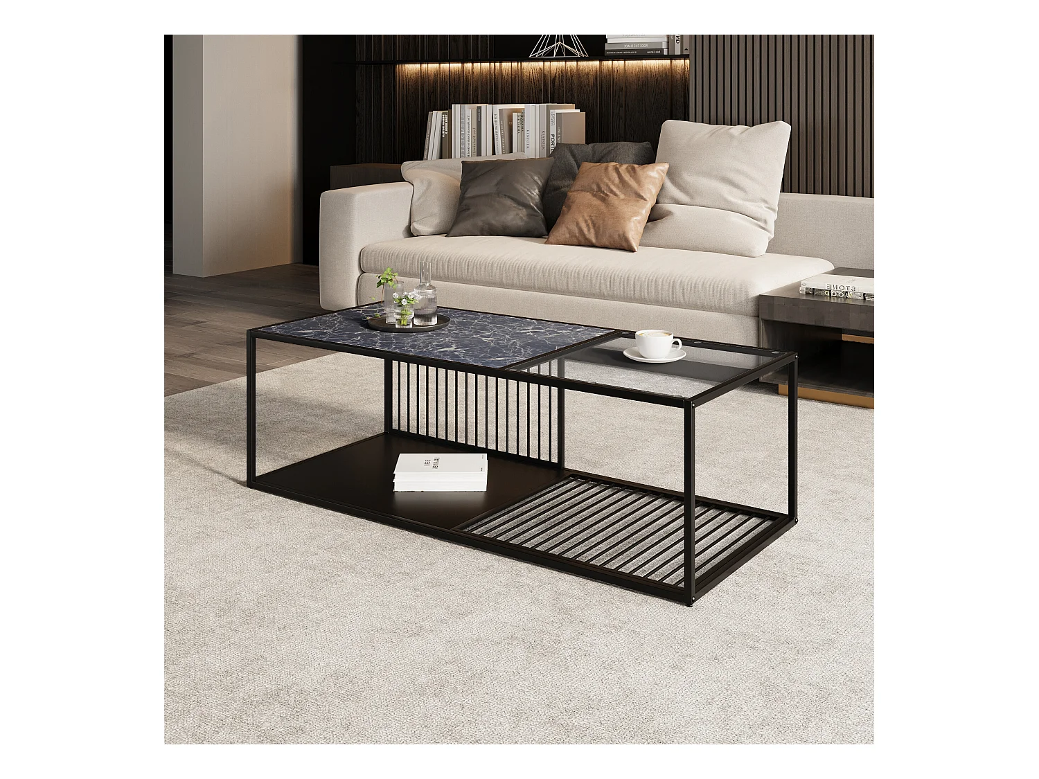 URBAN MEUBLE Table basse en fer forgé avec verre et effet marbré noir 110*48*35cm