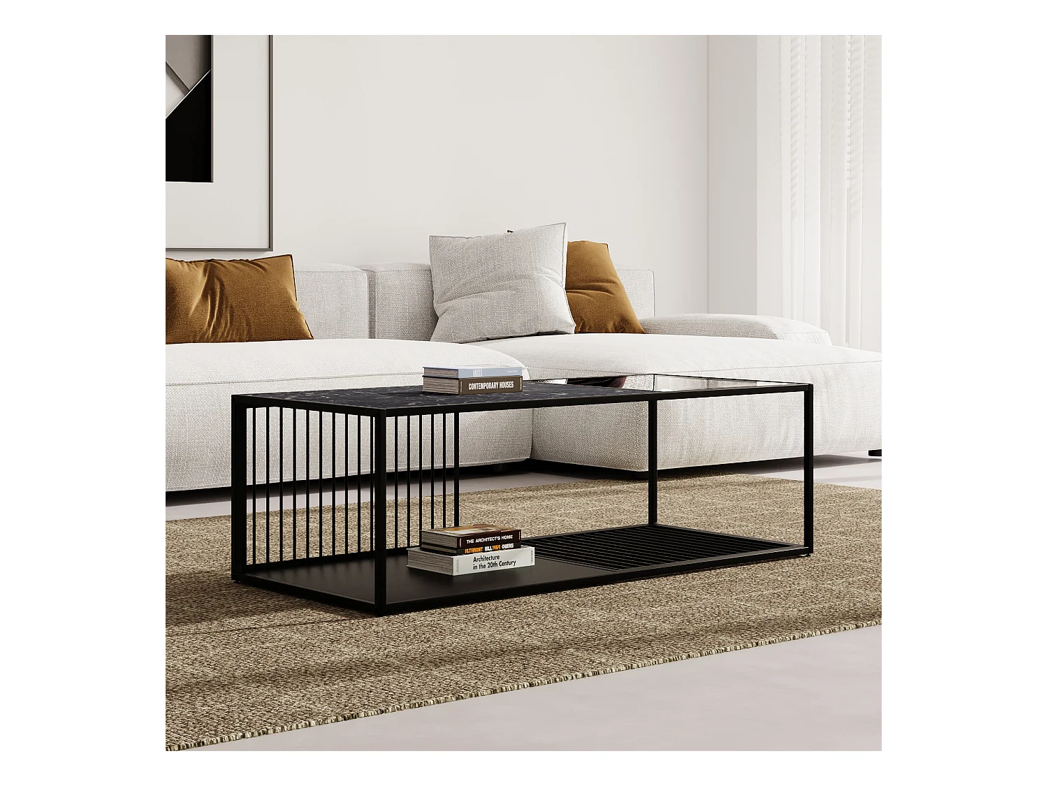 URBAN MEUBLE Table basse en fer forgé avec verre et effet marbré noir 110*48*35cm