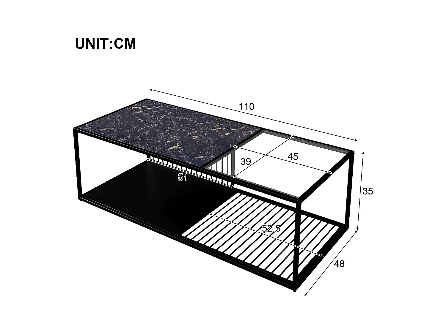 URBAN MEUBLE Table basse en fer forgé avec verre et effet marbré noir 110*48*35cm
