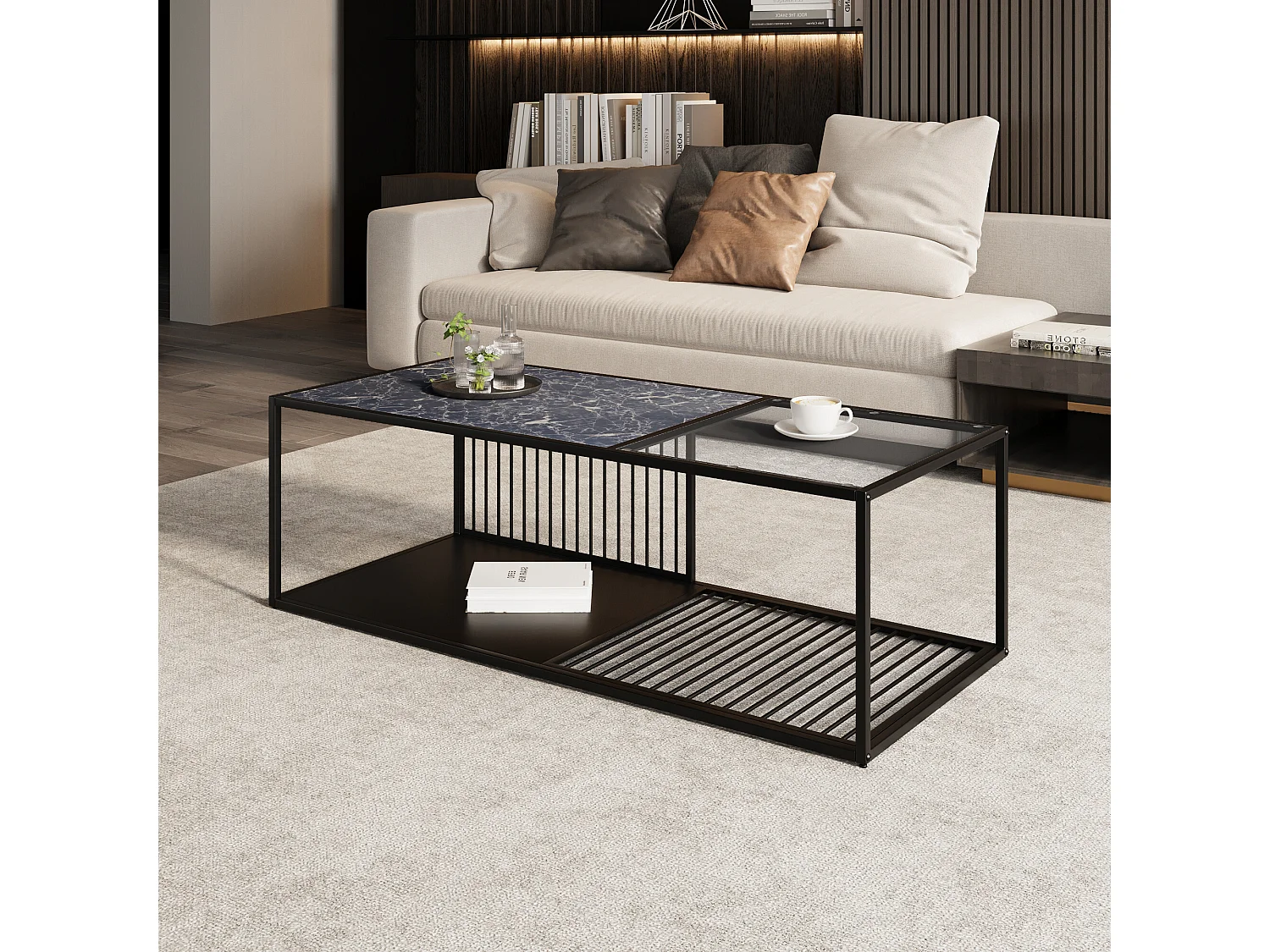 URBAN MEUBLE Table basse en fer forgé avec verre et effet marbré noir 110*48*35cm