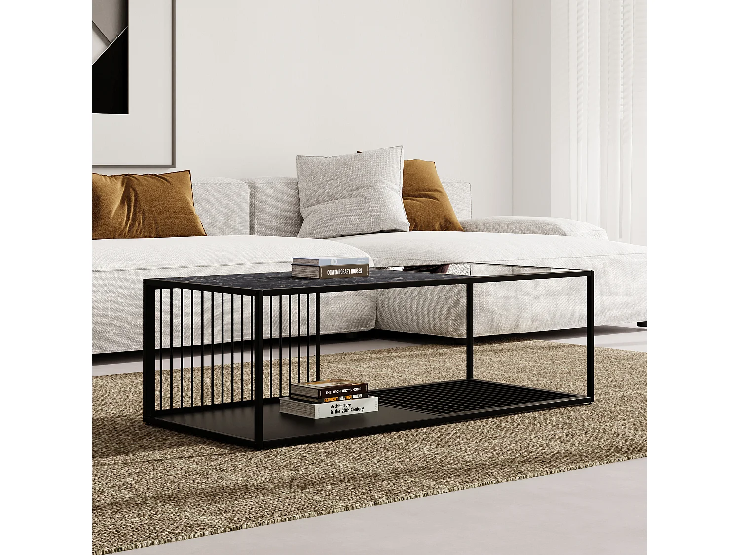 URBAN MEUBLE Table basse en fer forgé avec verre et effet marbré noir 110*48*35cm