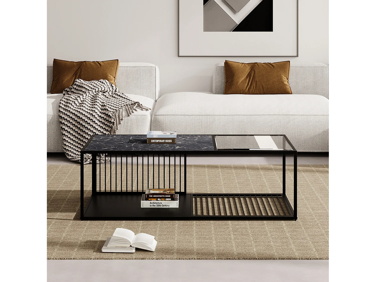 URBAN MEUBLE Table basse en fer forgé avec verre et effet marbré noir 110*48*35cm