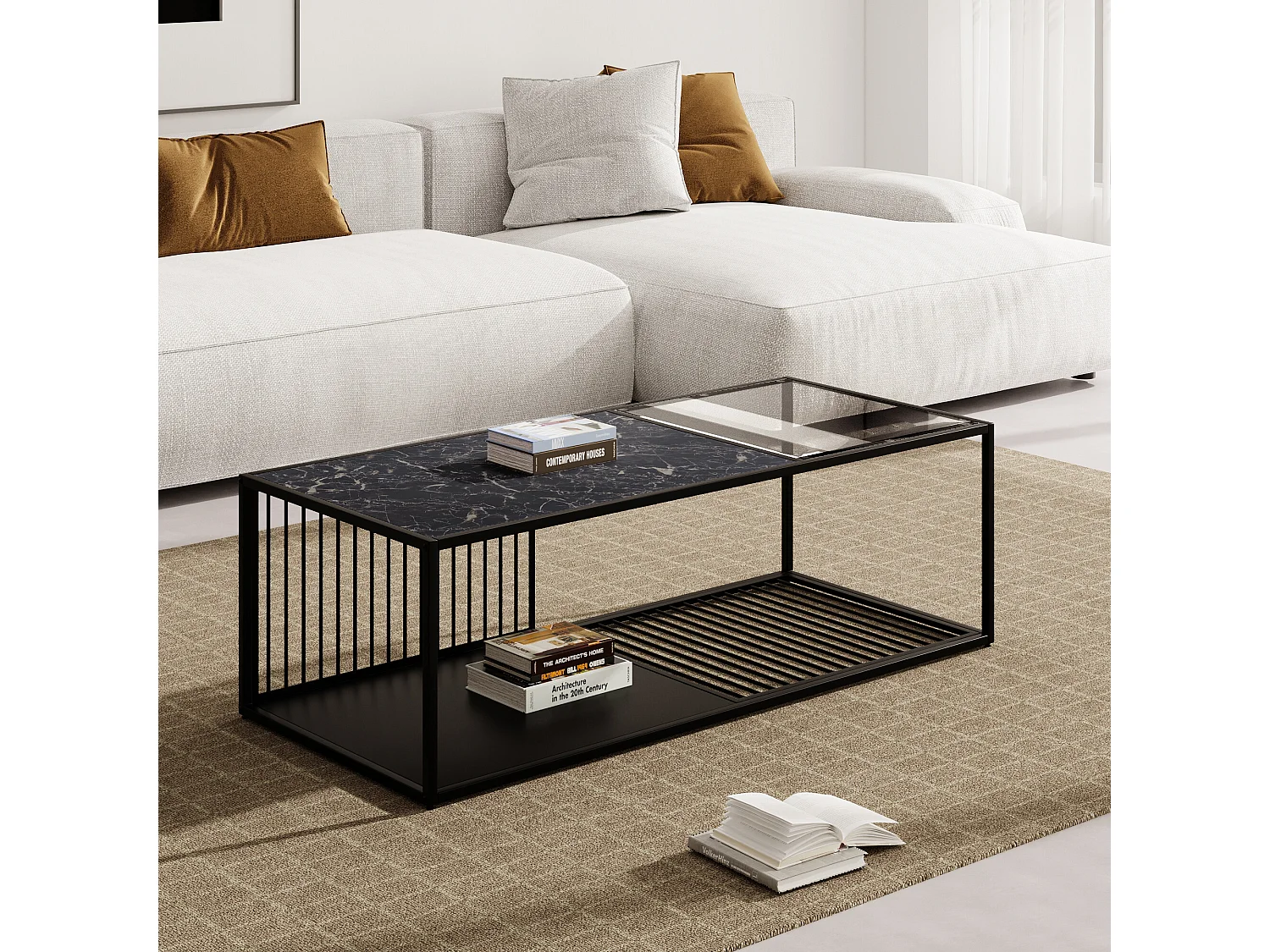 URBAN MEUBLE Table basse en fer forgé avec verre et effet marbré noir 110*48*35cm