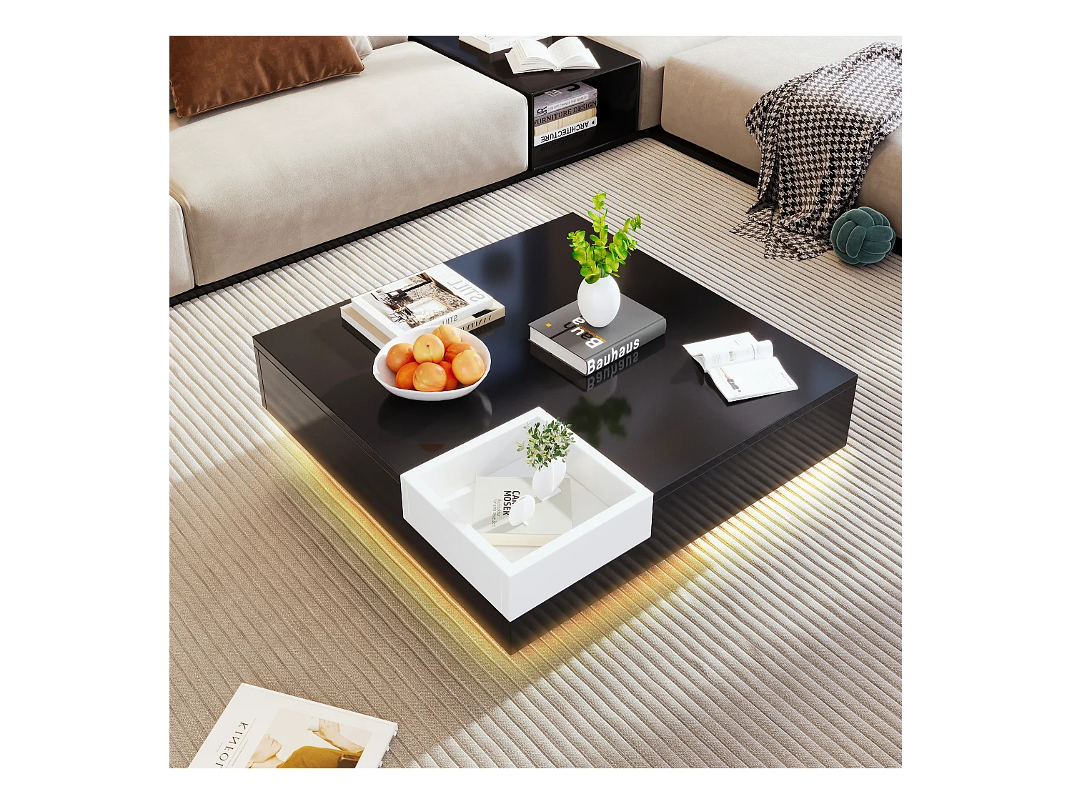 URBAN MEUBLE Table basse carrée noir blanc bicolore éclairage LED avec boîte de rangement amovible