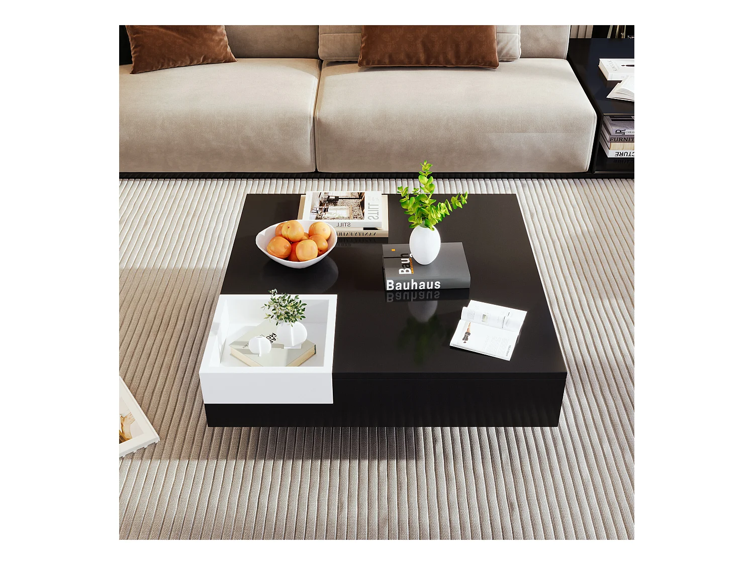 URBAN MEUBLE Table basse carrée noir blanc bicolore éclairage LED avec boîte de rangement amovible