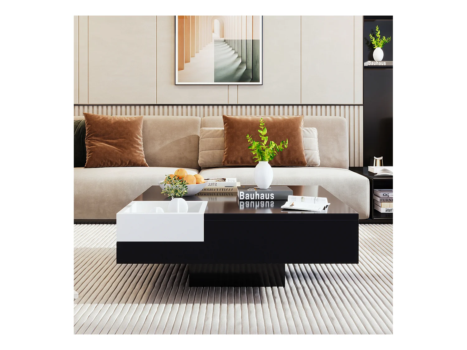 URBAN MEUBLE Table basse carrée noir blanc bicolore éclairage LED avec boîte de rangement amovible