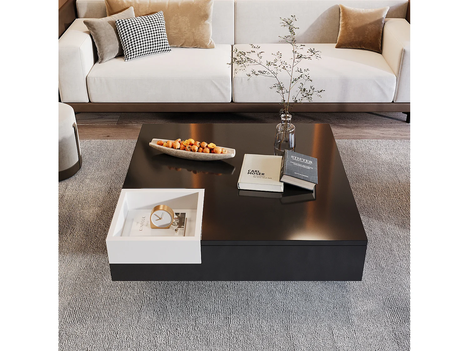 URBAN MEUBLE Table basse carrée noir blanc bicolore éclairage LED avec boîte de rangement amovible