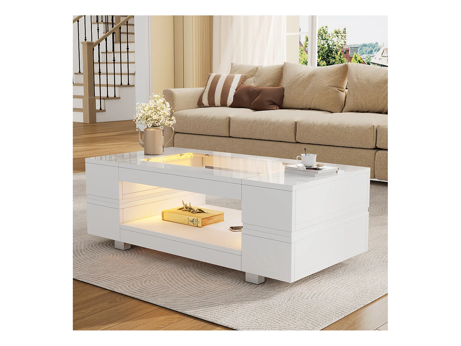 URBAN MEUBLE Table basse blanche moderne verre trempé avec éclairage LED 100x50x35cm