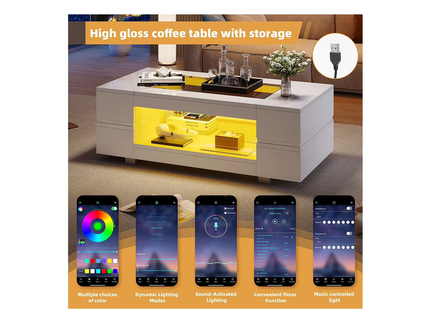 URBAN MEUBLE Table basse blanche moderne verre trempé avec éclairage LED 100x50x35cm