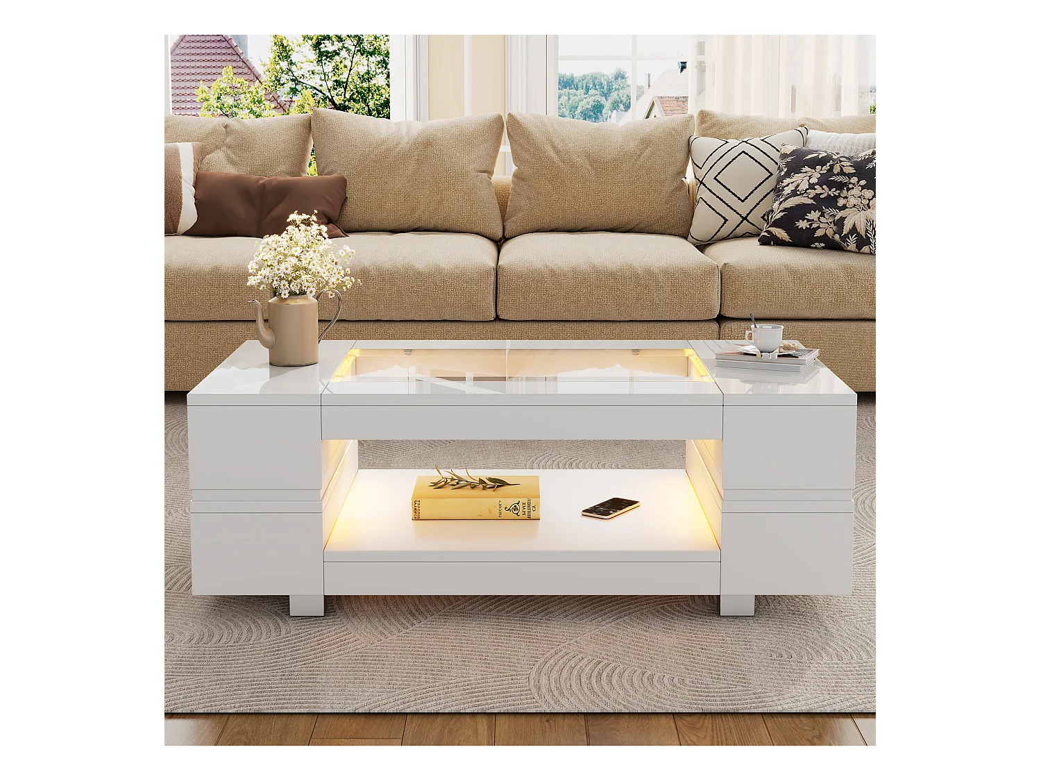 URBAN MEUBLE Table basse blanche moderne verre trempé avec éclairage LED 100x50x35cm