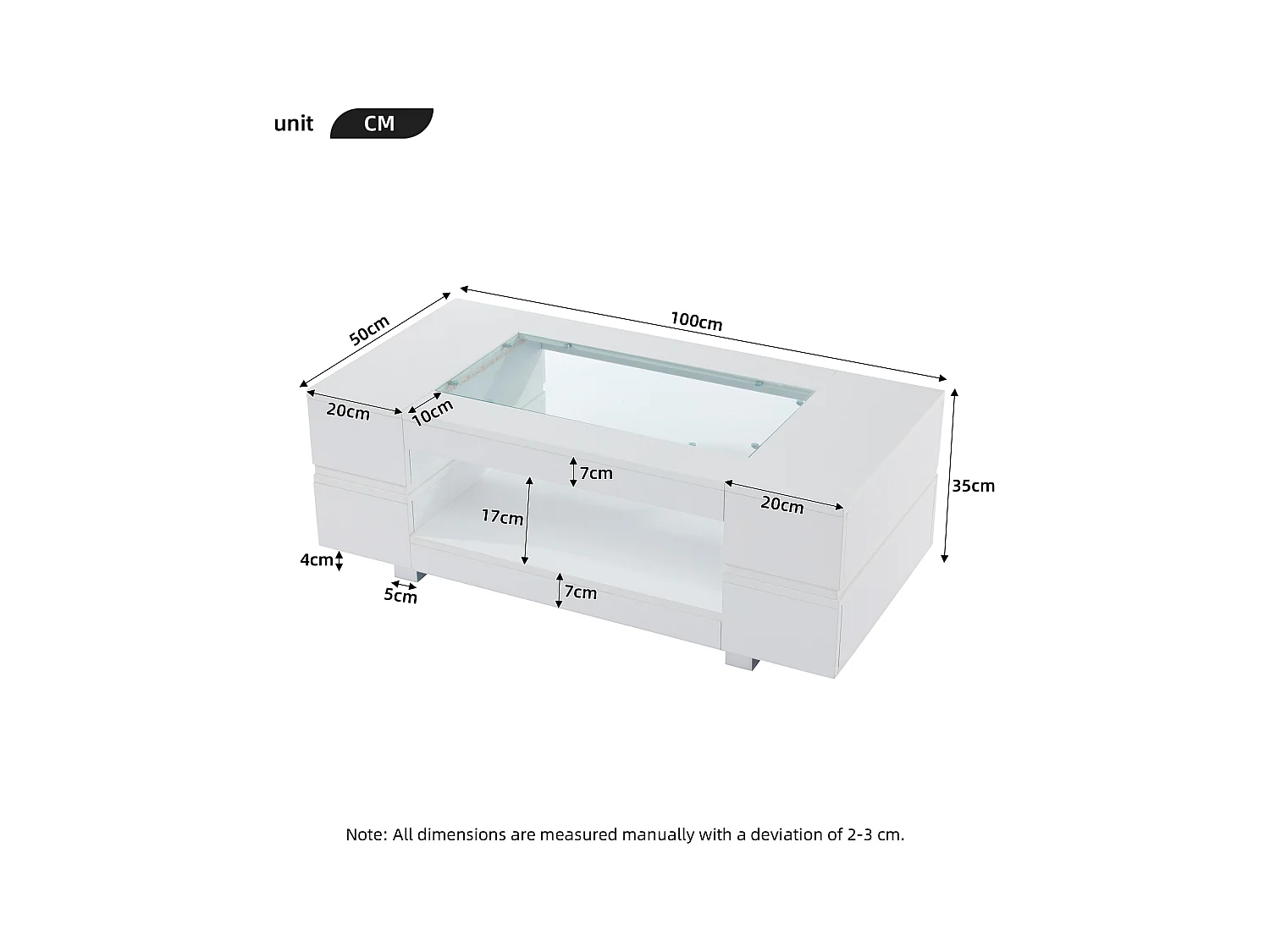 URBAN MEUBLE Table basse blanche moderne verre trempé avec éclairage LED 100x50x35cm