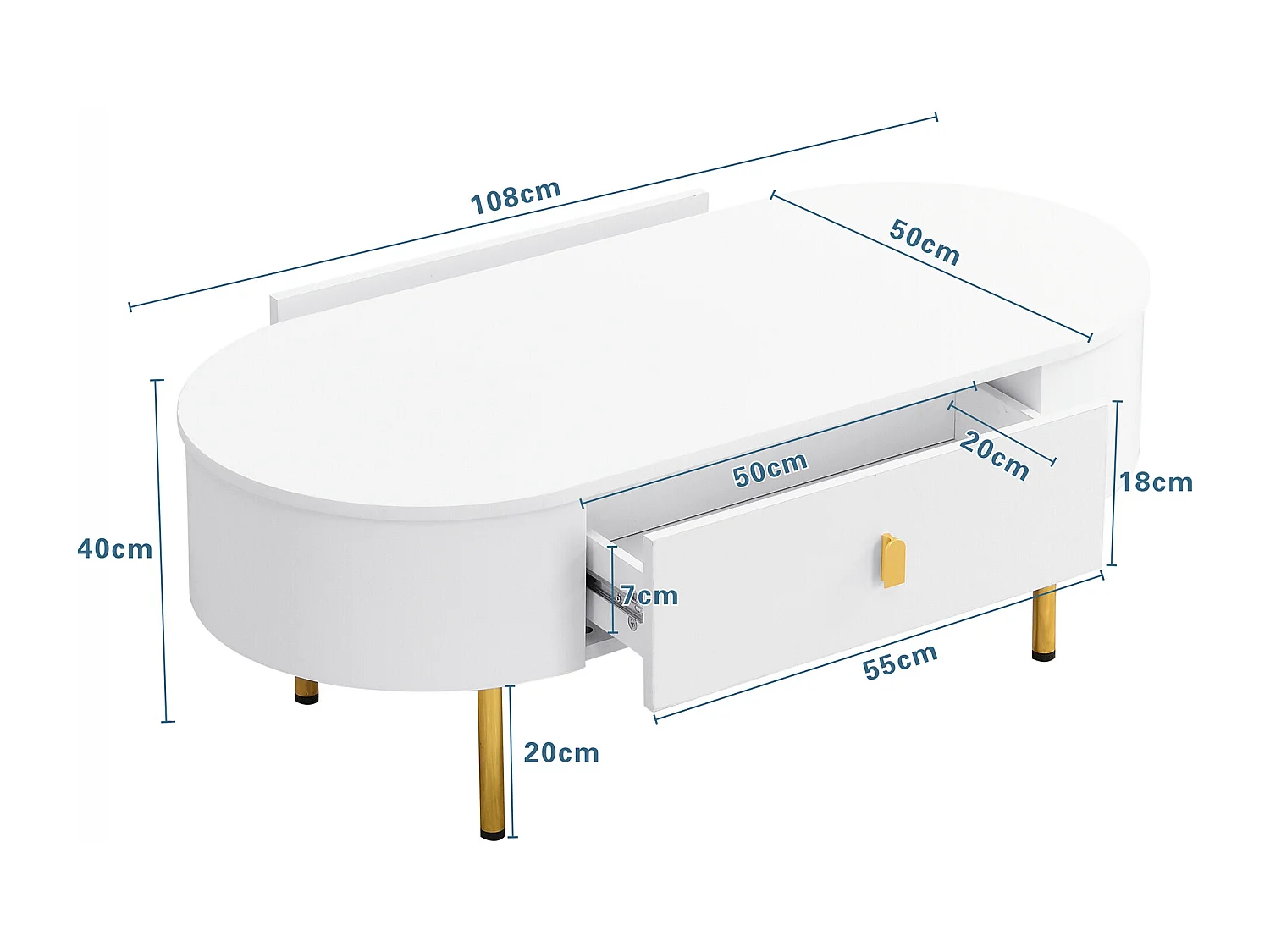 URBAN MEUBLE Table basse ovale blanche avec tiroirs et pieds dorés